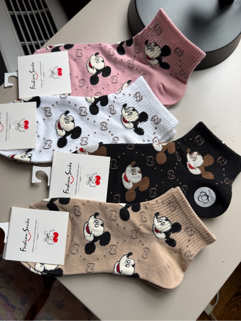 Mickey Pattern Ankle Socks - Pink, White, Black, Beige, Inspired, Fashion Brand
